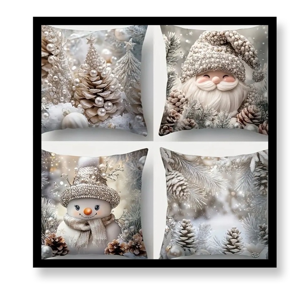(New in Package)4 Pk Festive Holiday Pillow Cover Set with Santa and Snowman